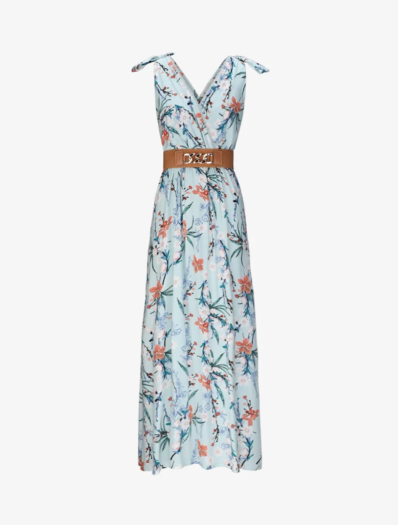 Empire-Langkleid mit Wickelausschnitt und Blumenbouquet-Print - Hellblau