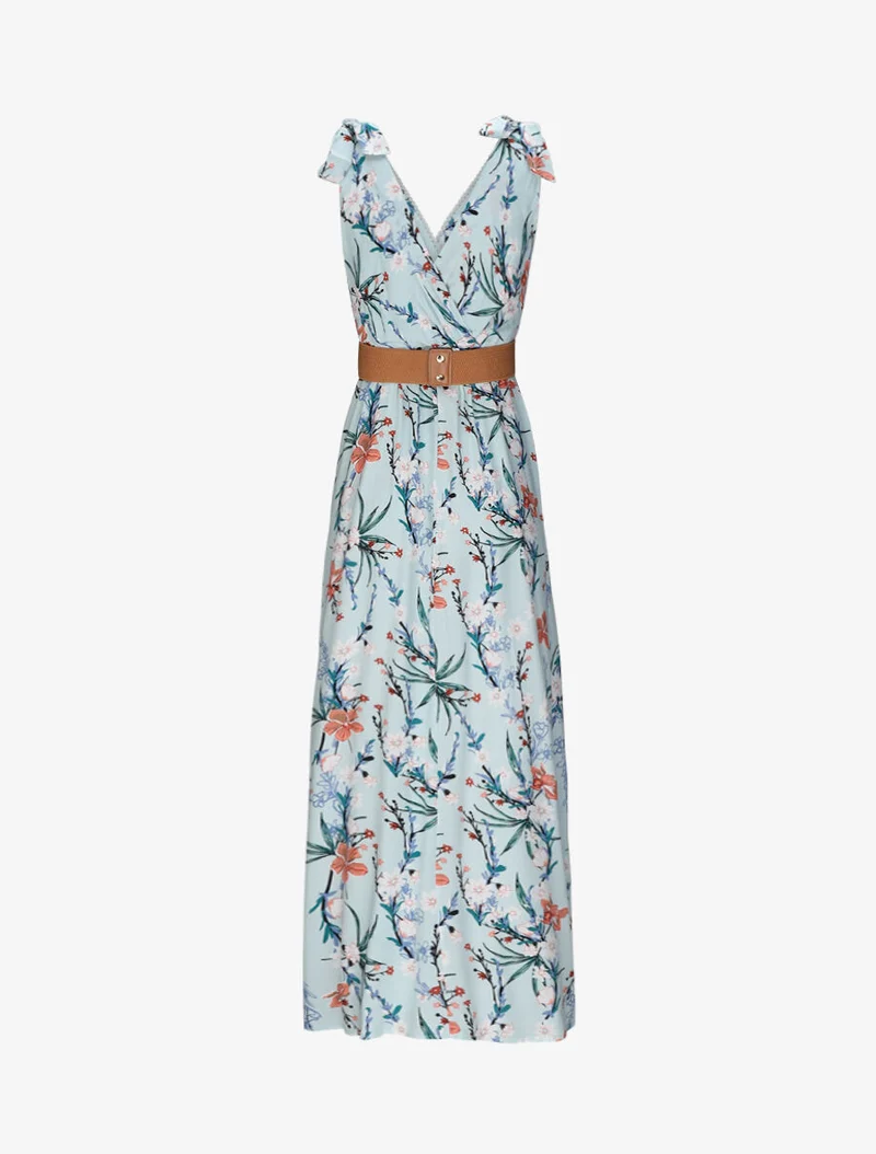 Empire-Langkleid mit Wickelausschnitt und Blumenbouquet-Print - Hellblau