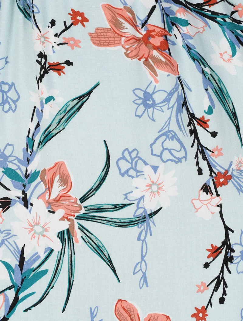 Empire-Langkleid mit Wickelausschnitt und Blumenbouquet-Print - Hellblau