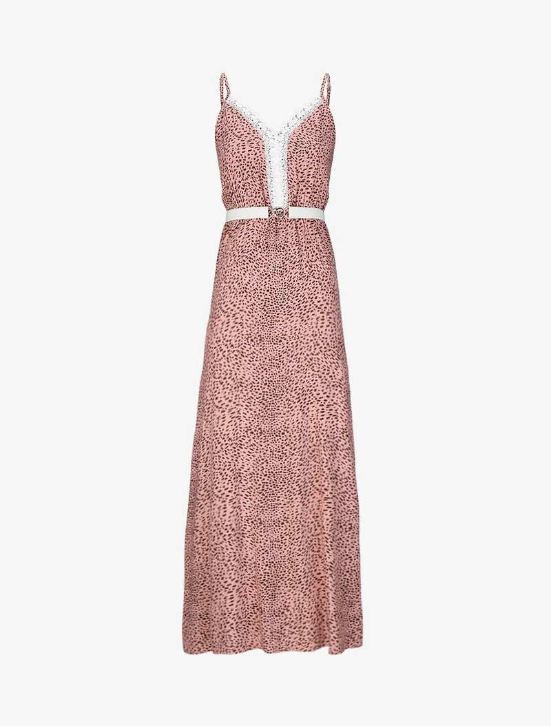 Langes Skaterkleid mit Spitzenkragen und gesprenkeltem Druck - Rose