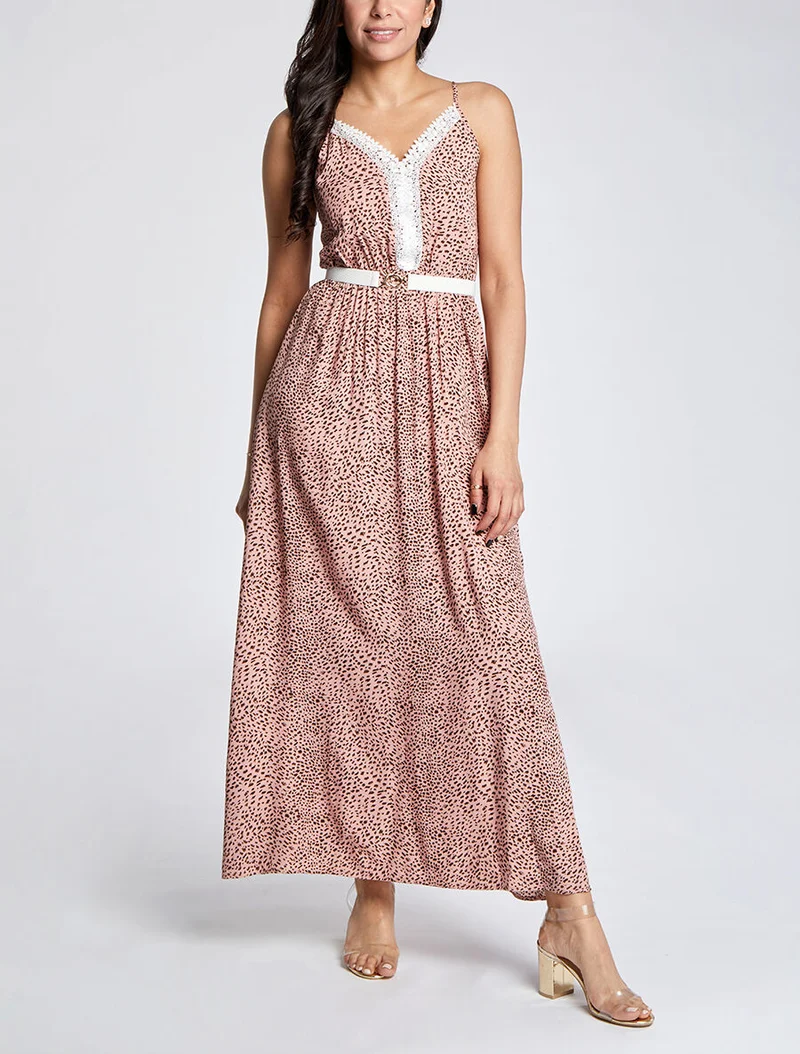 Langes Skaterkleid mit Spitzenkragen und gesprenkeltem Druck - Rose