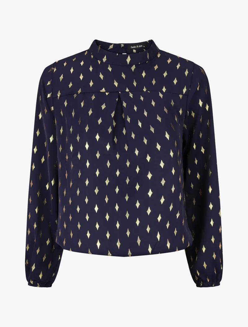 Bluse mit hohem Kragen und goldfarbenem Rautenmuster - Marine