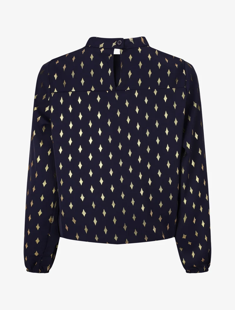 Bluse mit hohem Kragen und goldfarbenem Rautenmuster - Marine
