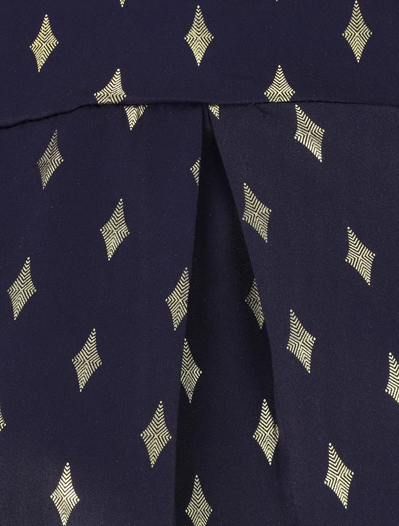 Bluse mit hohem Kragen und goldfarbenem Rautenmuster - Marine