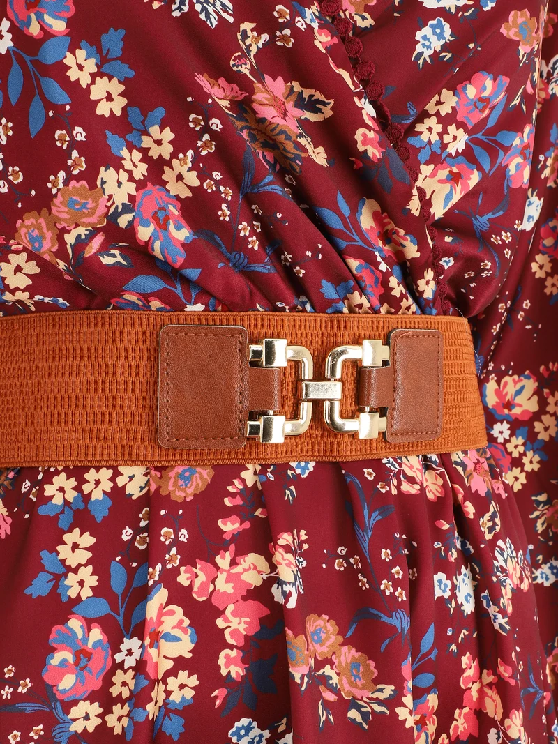 Satinkleid mit Blumenmuster und Wickelkragen - Bordeaux