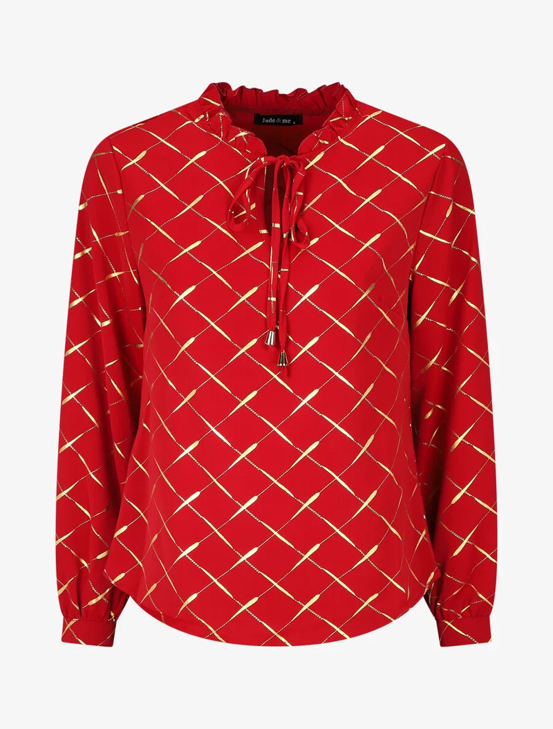 Bluse mit V-Ausschnitt und goldenen Prints - Rot