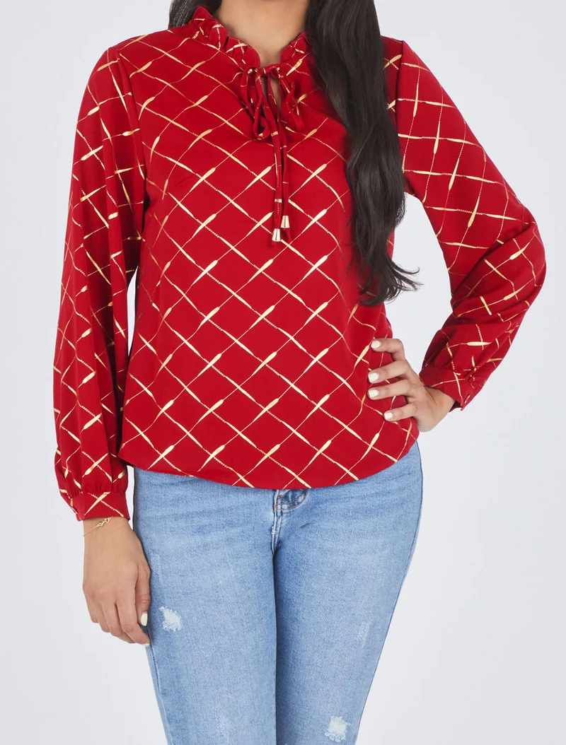 Bluse mit V-Ausschnitt und goldenen Prints - Rot