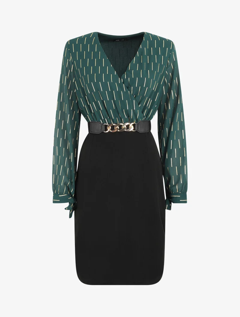 Midikleid mit goldenem Druckmuster - Tannengrün