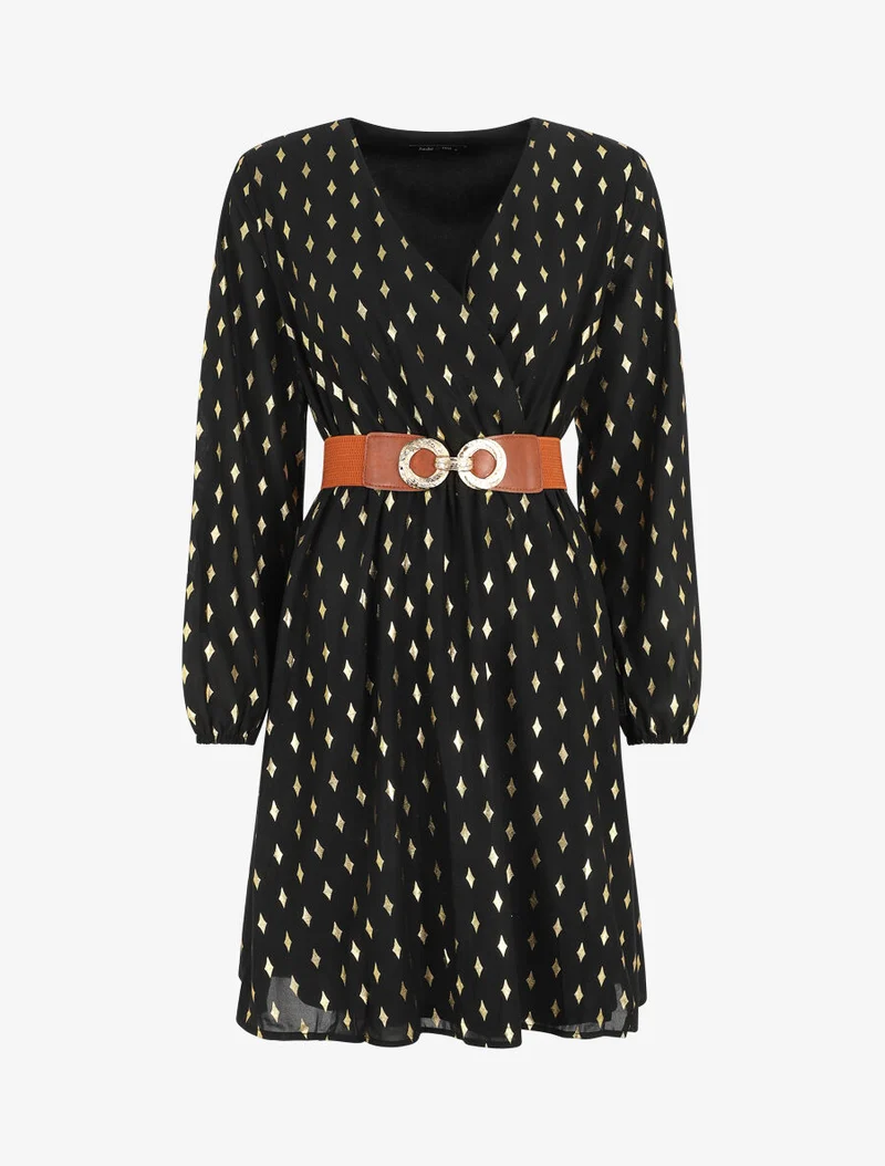Kurzes Kleid mit schillerndem Grafikdruck - Schwarz