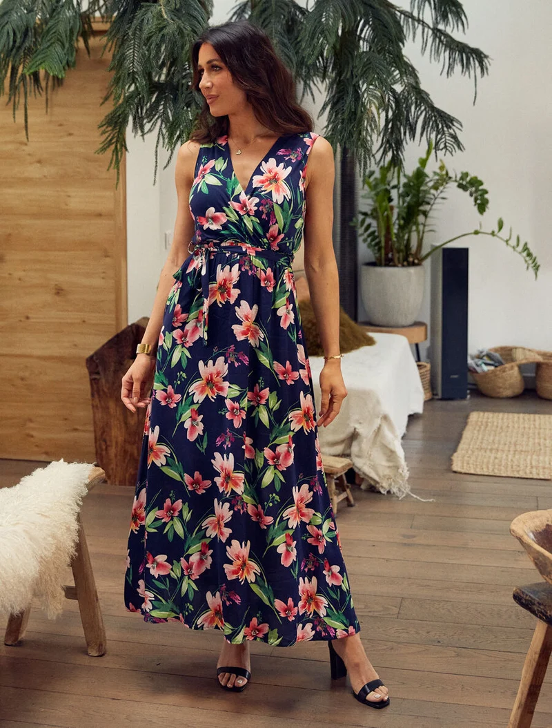 Langes Kleid mit Blumenmuster - Marine