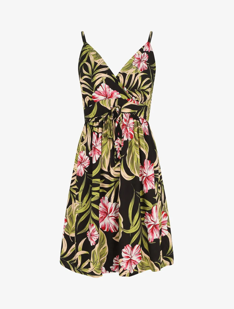 Midikleid mit Blätterdruck - Schwarz