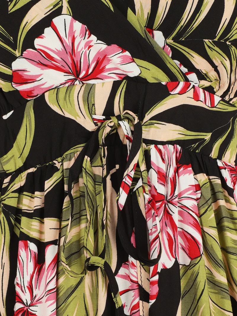 Midikleid mit Blätterdruck - Schwarz