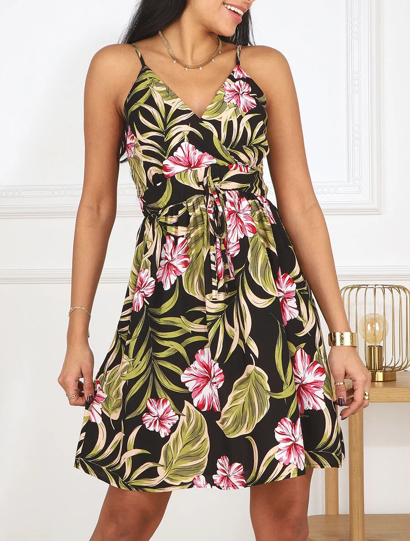 Midikleid mit Blätterdruck - Schwarz