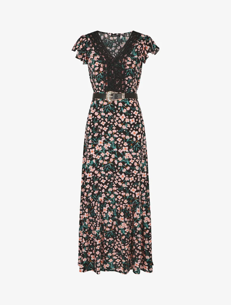 Elastisches langes Kleid mit Blumenmuster und Stickereien - Schwarz