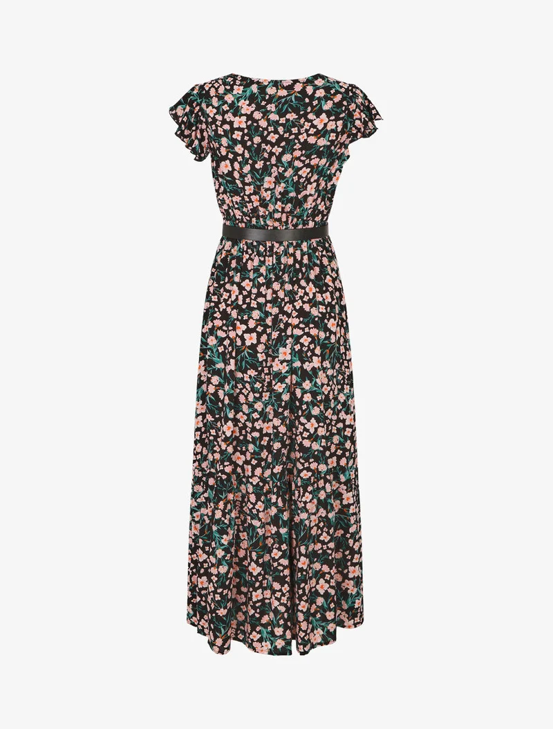 Elastisches langes Kleid mit Blumenmuster und Stickereien - Schwarz