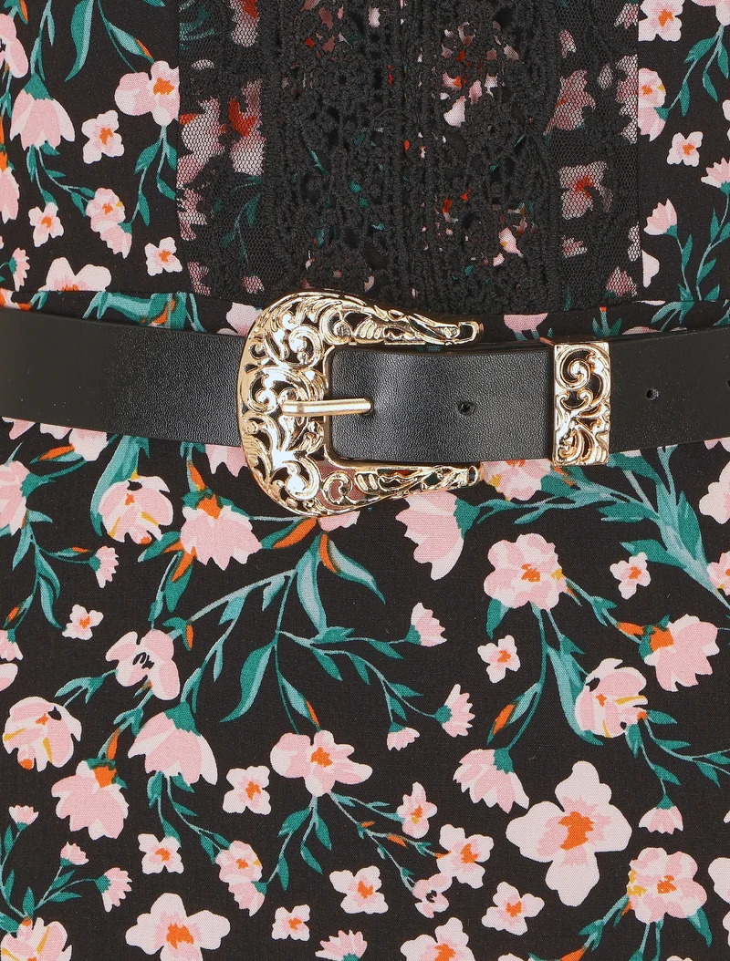 Elastisches langes Kleid mit Blumenmuster und Stickereien - Schwarz