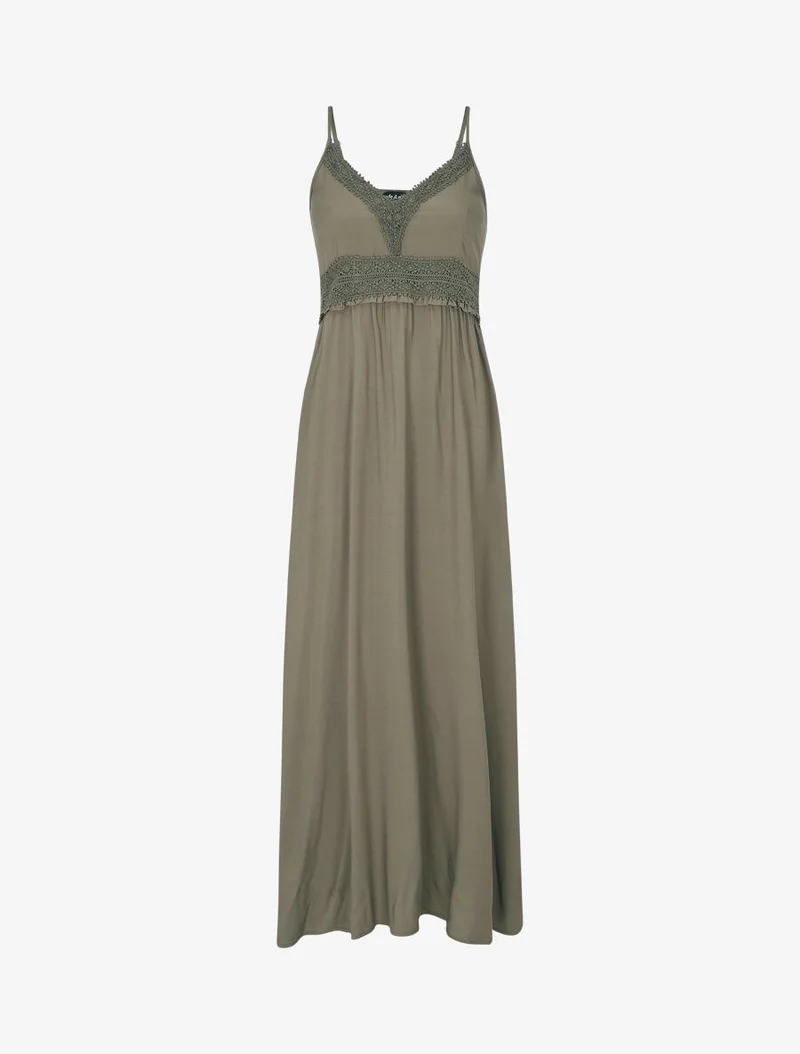 Langes, gerades, einfarbiges Kleid - Kaki