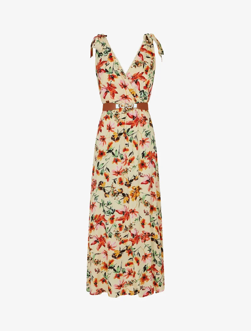 Kleid mit Blumenmuster und V-Ausschnitt - Beige