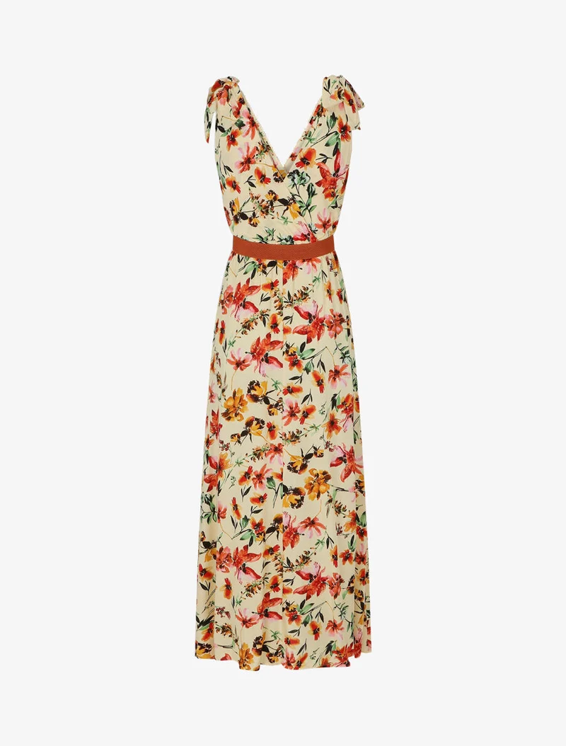 Kleid mit Blumenmuster und V-Ausschnitt - Beige