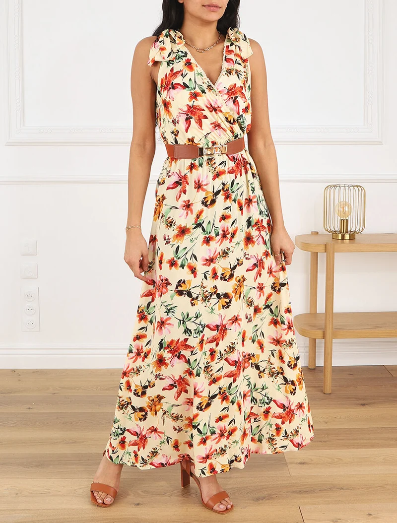 Kleid mit Blumenmuster und V-Ausschnitt - Beige