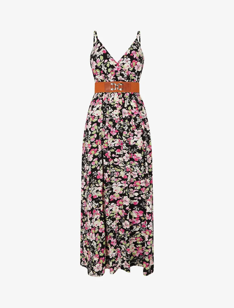 Langes Kleid mit Frühlingsblumendruck - Schwarz
