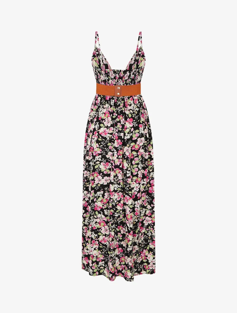Langes Kleid mit Frühlingsblumendruck - Schwarz