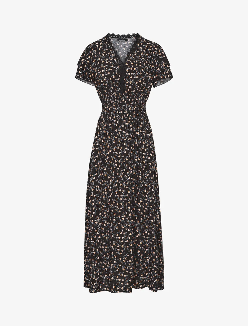 Kleid mit kleinem Blumenmuster und doppelten Ärmeln - Schwarz