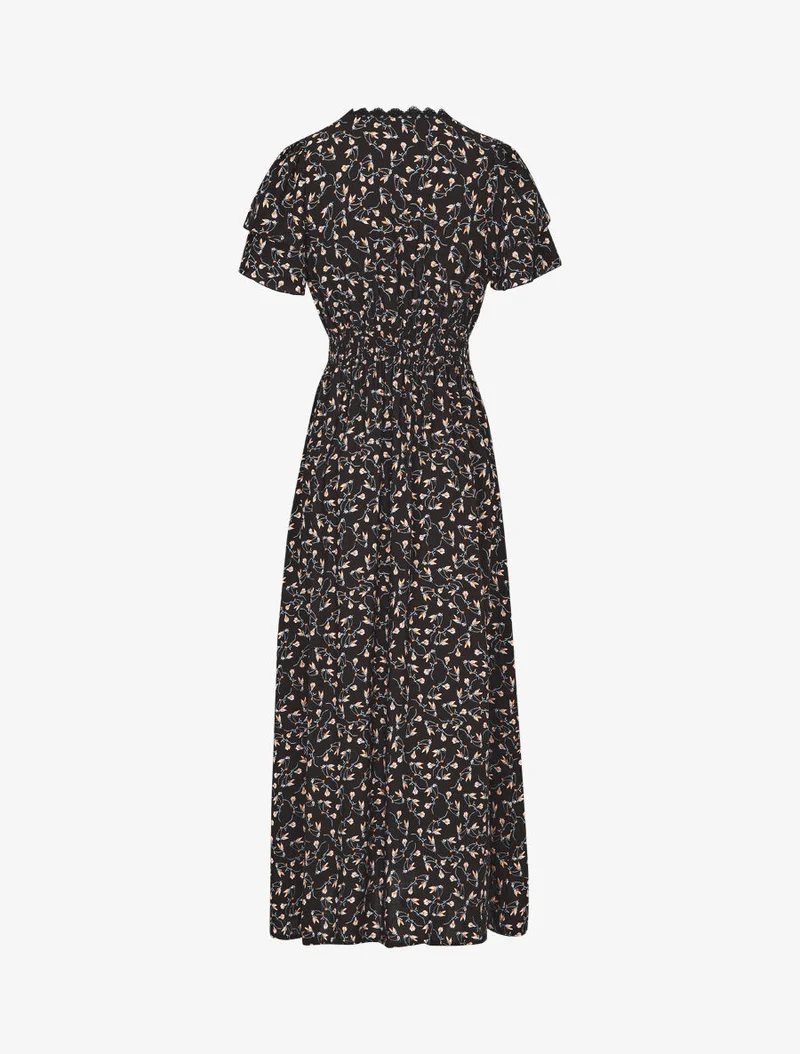 Kleid mit kleinem Blumenmuster und doppelten Ärmeln - Schwarz
