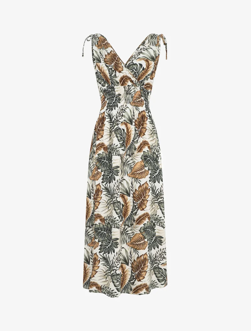 Langes elastisches Kleid mit Blattdruck - Weiß