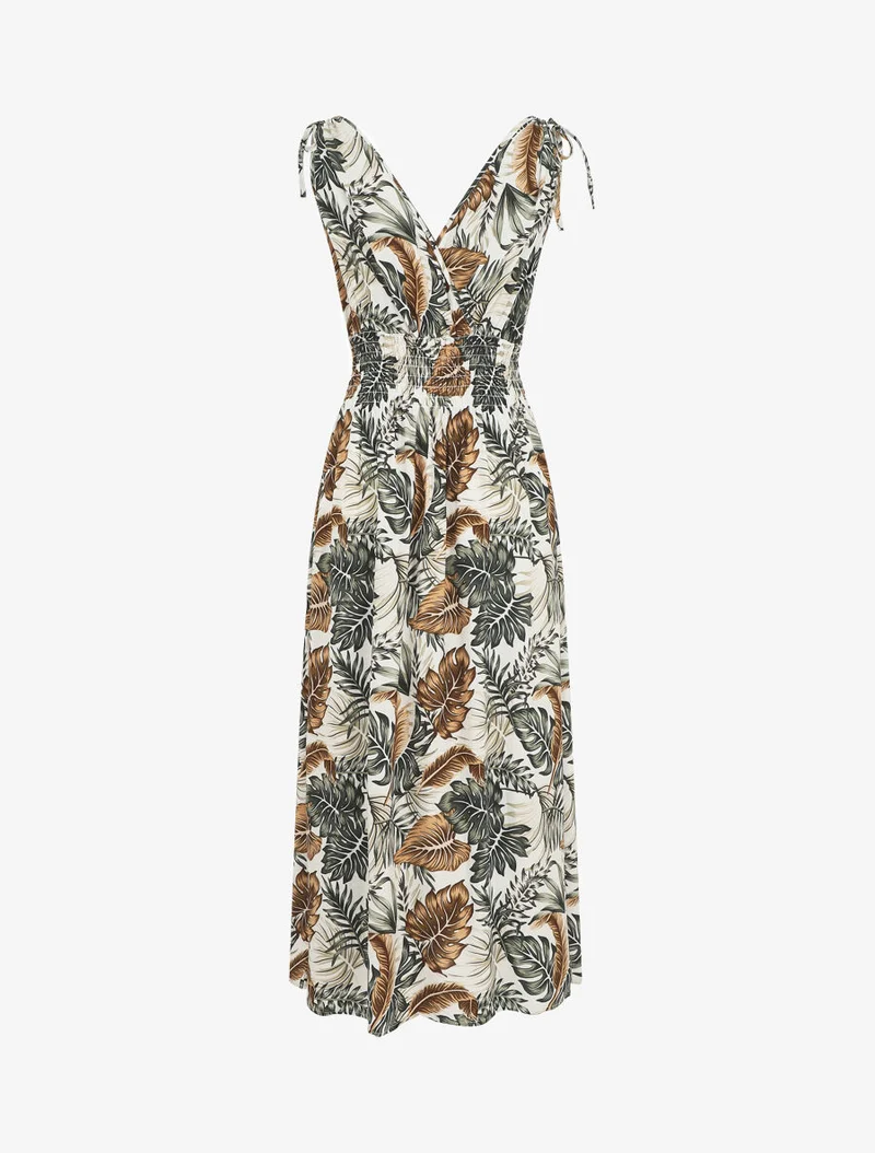 Langes elastisches Kleid mit Blattdruck - Weiß