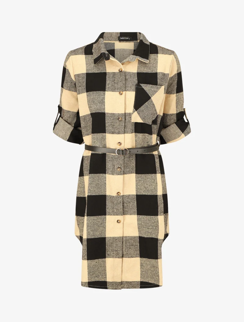 Mittellanges karriertes Overshirt - Beige