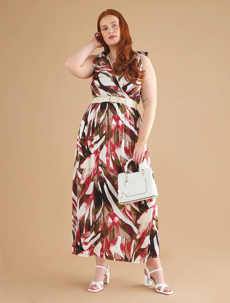Kleid mit abstraktem Druck und Knoten an den Schultern - Bordeaux