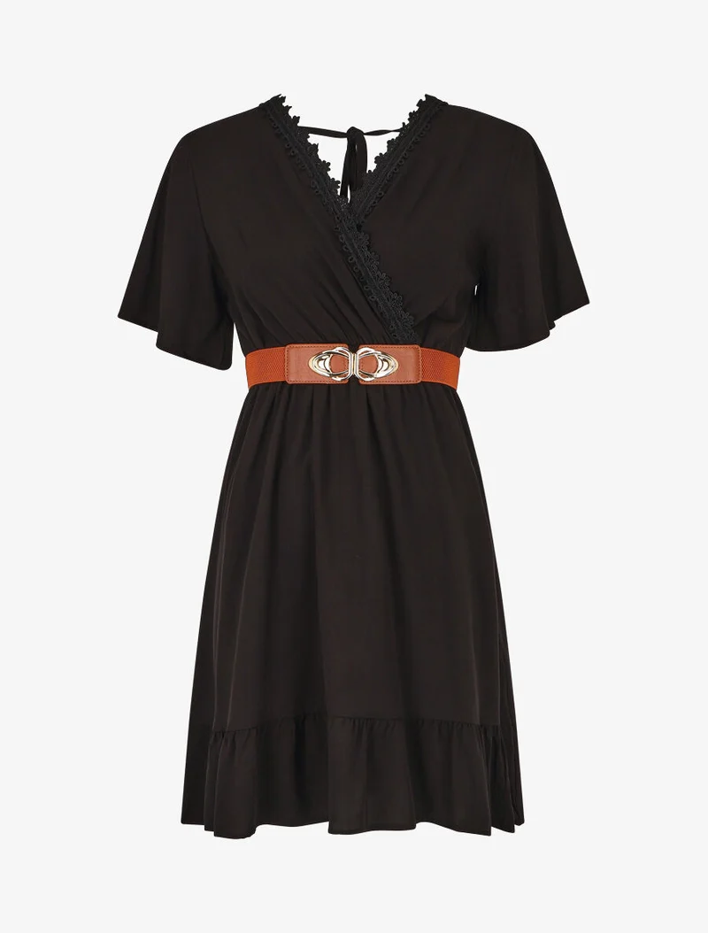 Einfarbiges kurzes Kleid mit Spitzenkragen und Rüschenkanten. - Schwarz