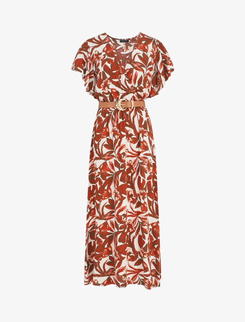 Langes Kleid mit kurzen Ärmeln und Blumenmuster - Braun