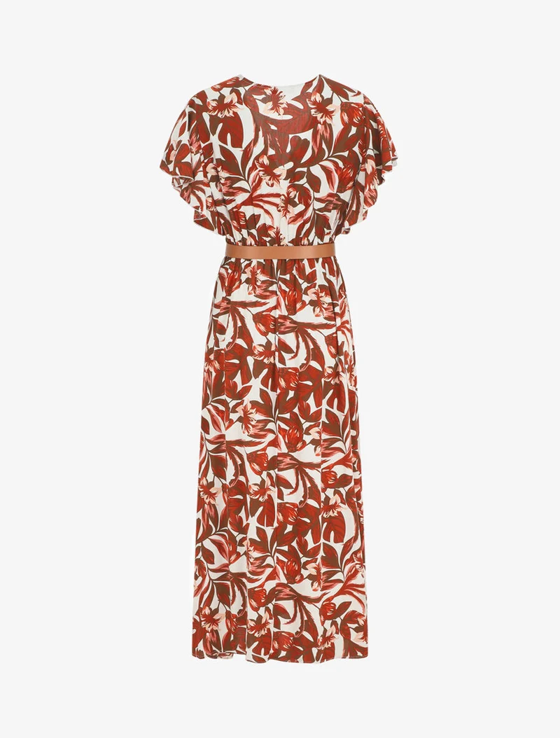 Langes Kleid mit kurzen Ärmeln und Blumenmuster - Braun