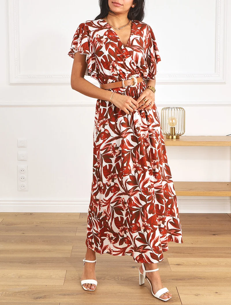 Langes Kleid mit kurzen Ärmeln und Blumenmuster - Braun