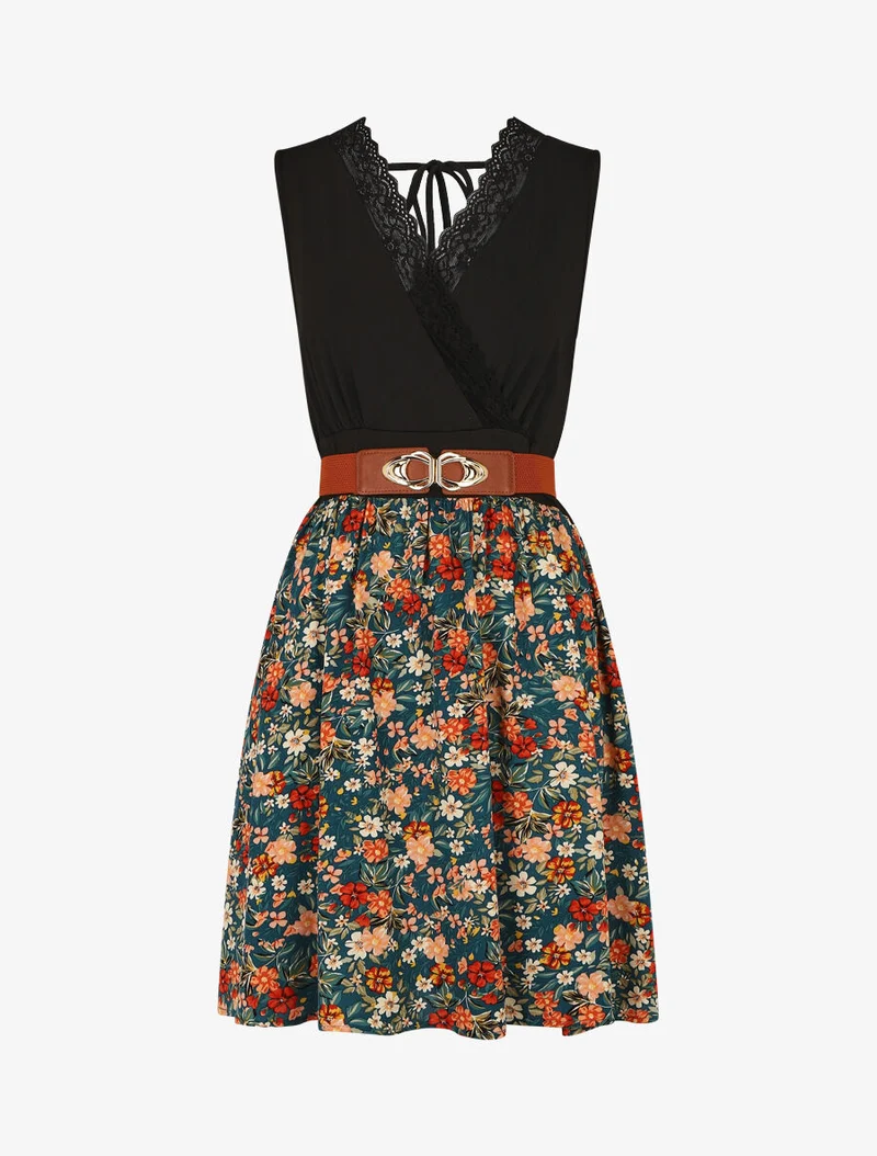 Ärmelloses, mittellanges Blumenkleid mit Spitzenkragen - Entenblau