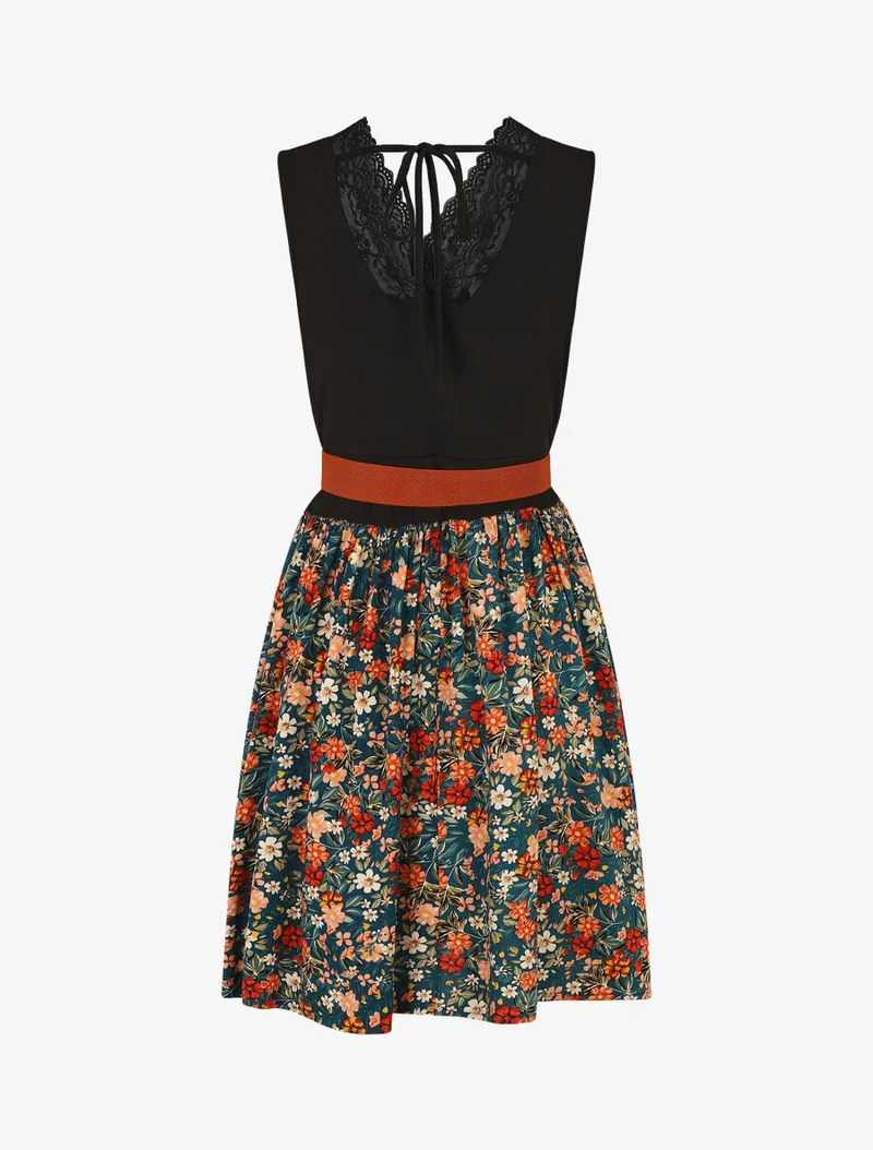 Ärmelloses, mittellanges Blumenkleid mit Spitzenkragen - Entenblau