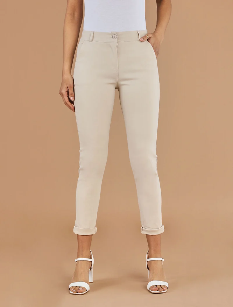 Gerade geschnittene, einfarbige High-Waist-Hose - Beige