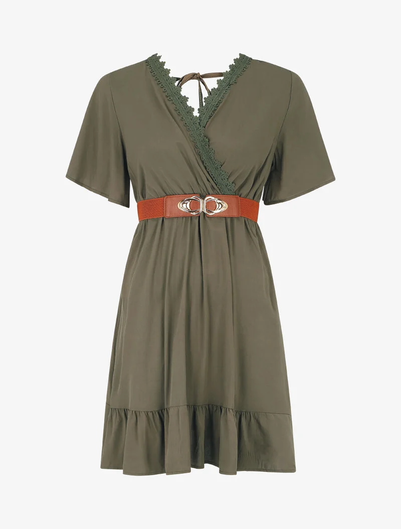 Einfarbiges kurzes Kleid mit Spitzenkragen und Rüschenkanten. - Kaki