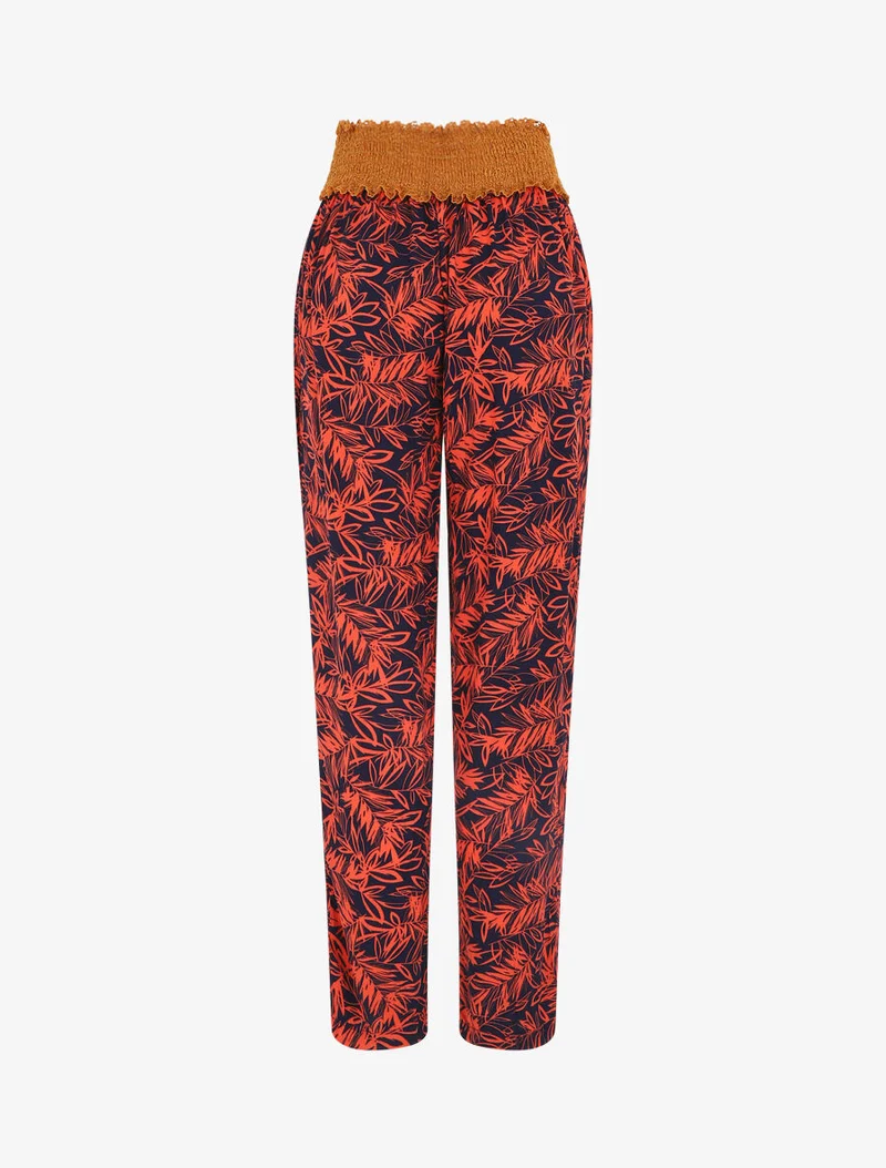 Gerade geschnittene Hose mit hohem Bund und Pflanzenmuster. - Rot