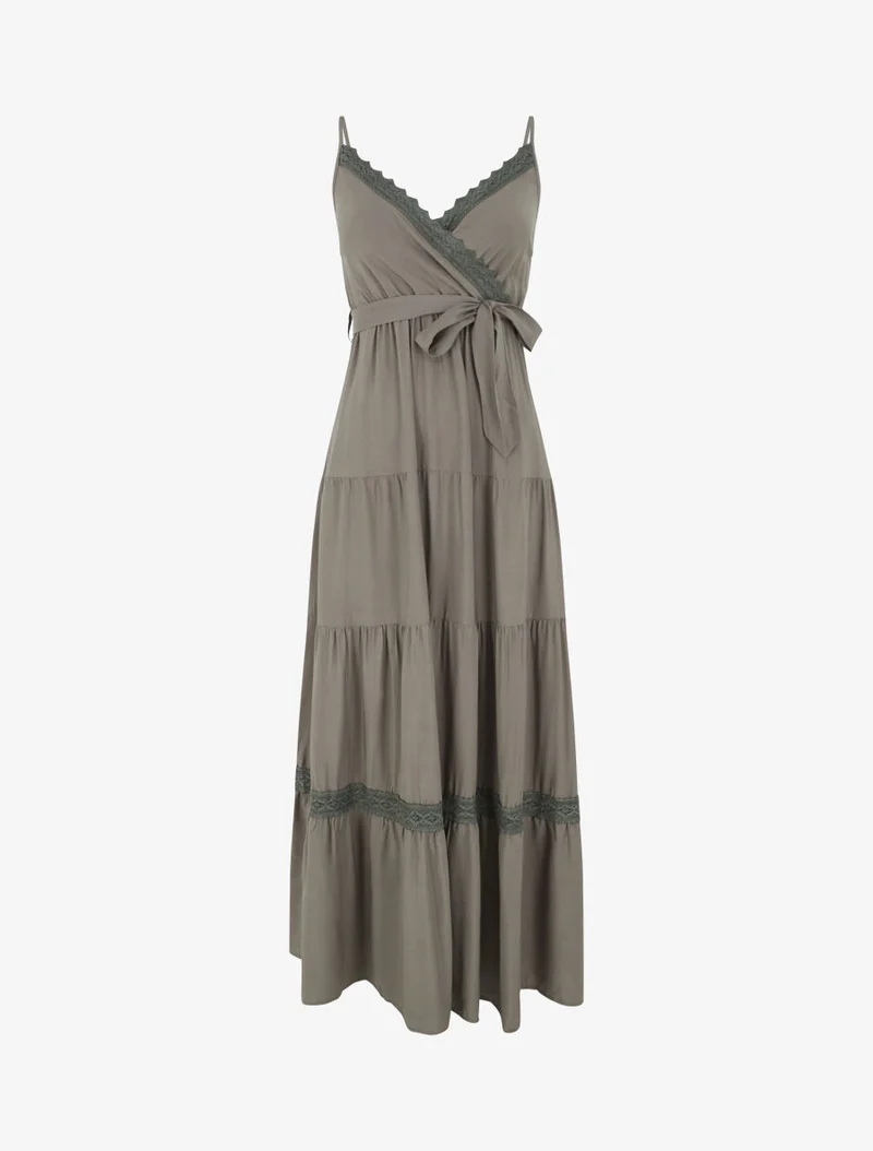 Langes unifarbenes elastisches Kleid - Kaki