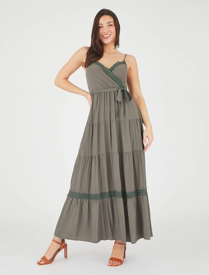 Langes unifarbenes elastisches Kleid - Kaki