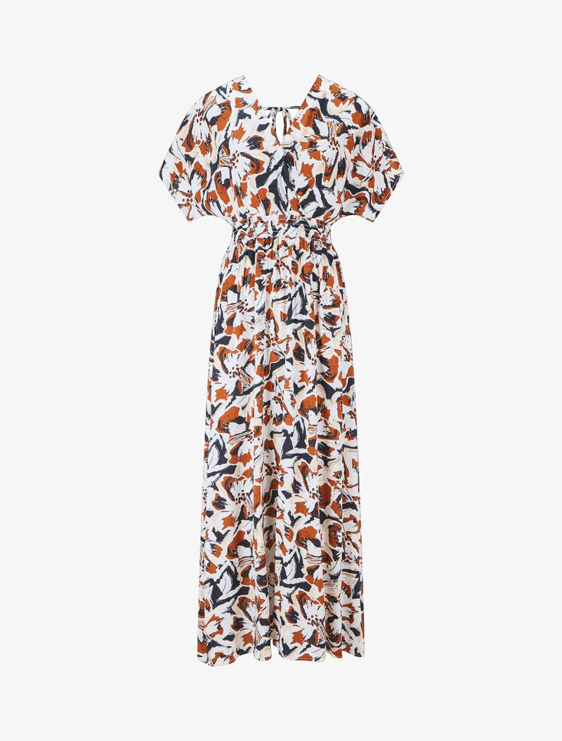 Langes Kleid mit kurzen Ärmeln und tropischem Print - Marine