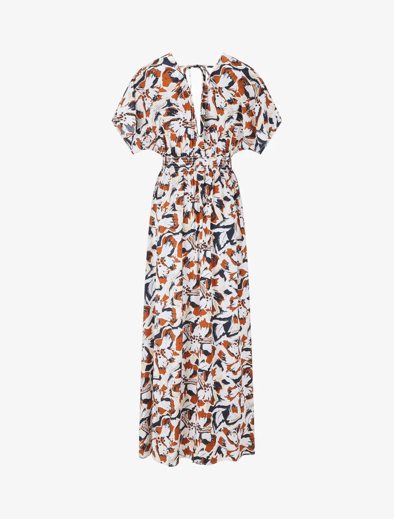 Langes Kleid mit kurzen Ärmeln und tropischem Print - Marine
