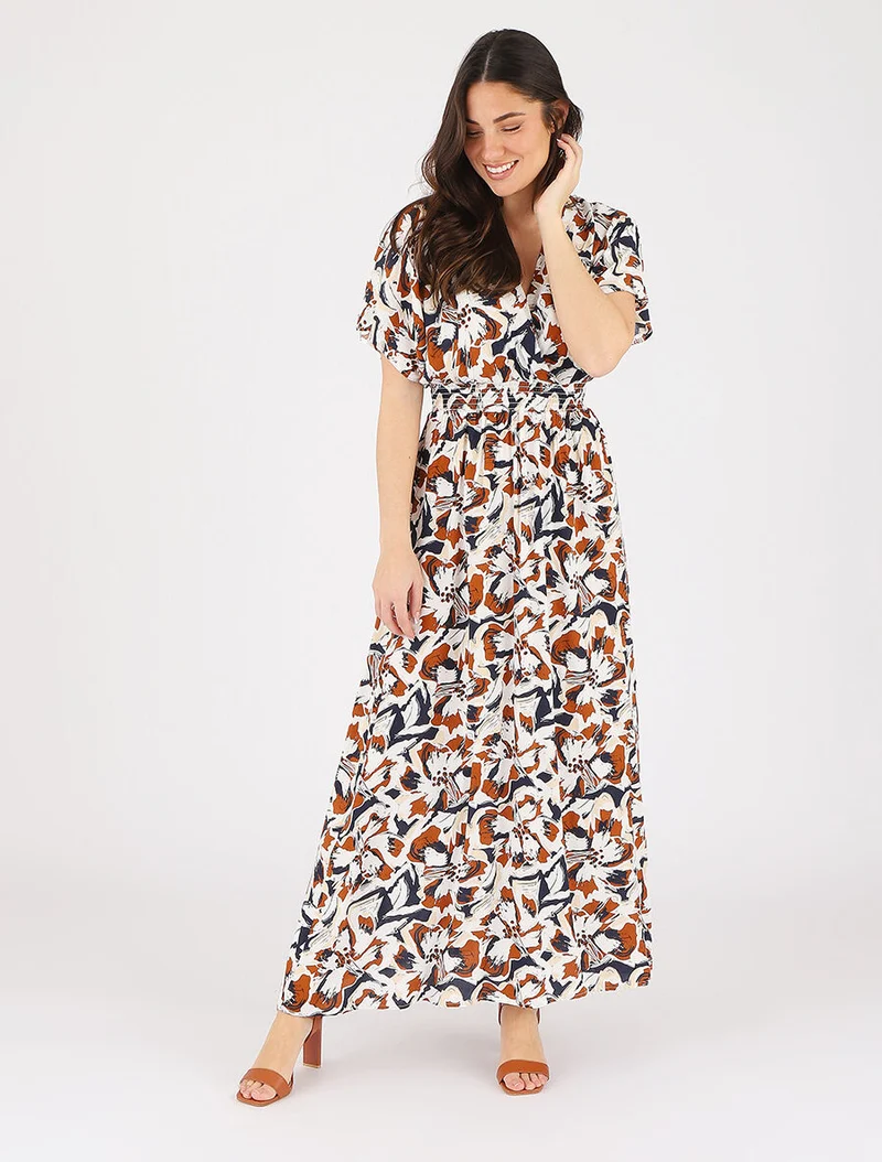 Langes Kleid mit kurzen Ärmeln und tropischem Print - Marine