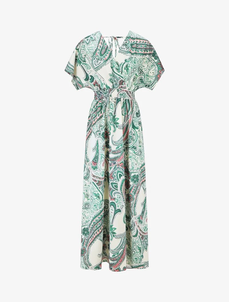 Langärmeliges Kleid mit Paisley-Muster. - Grün