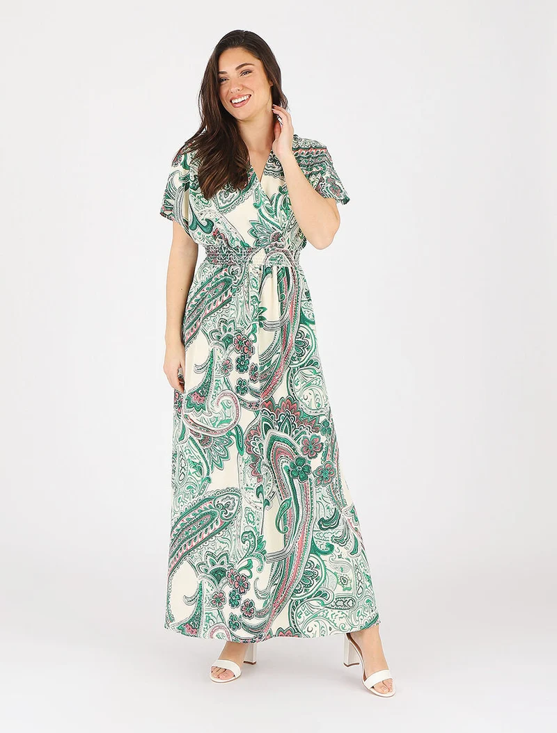 Langärmeliges Kleid mit Paisley-Muster. - Grün