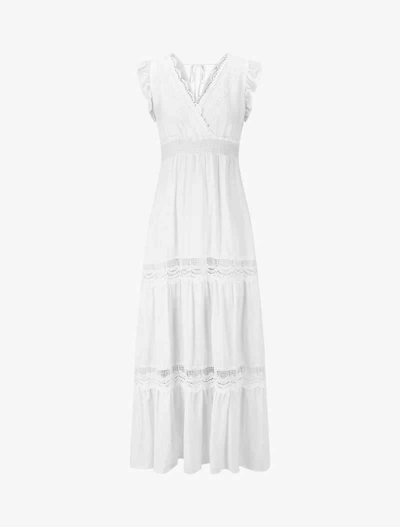 Langes, einfarbiges, durchbrochenes Kleid - Weiß