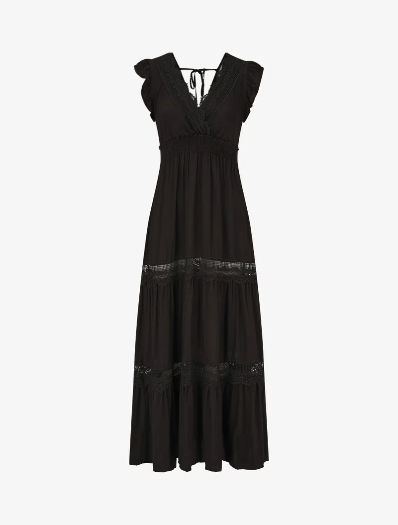 Langes, einfarbiges, durchbrochenes Kleid - Schwarz